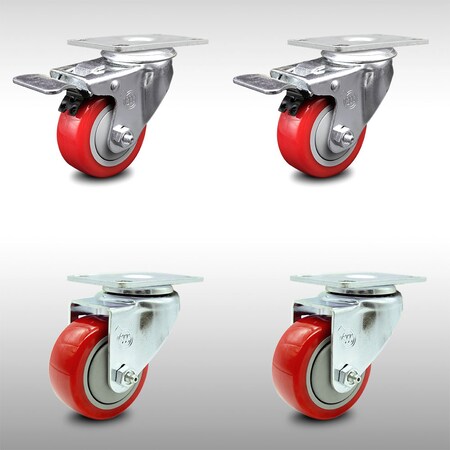 Service Caster 3 Inch SS Red Polyurethane Top Plate Caster Total Lock Brakes SCC, 2PK SCC-SSTTL20S314-PPUB-RED-2-S-2